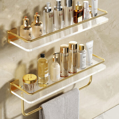 Bathroom Floating Shelves Gold Wall Mounted Storage with Towel Bar